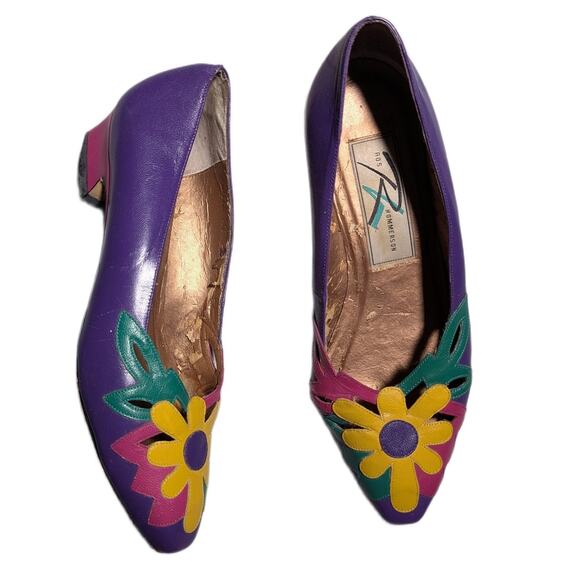 Vtg 1980s Ros Hommerson Purple Pink Flower Leather Pointed Toe Low Pumps Sz 6.5 - Picture 1 of 7